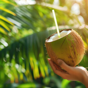 Person holding a fresh coconut with a straw.
