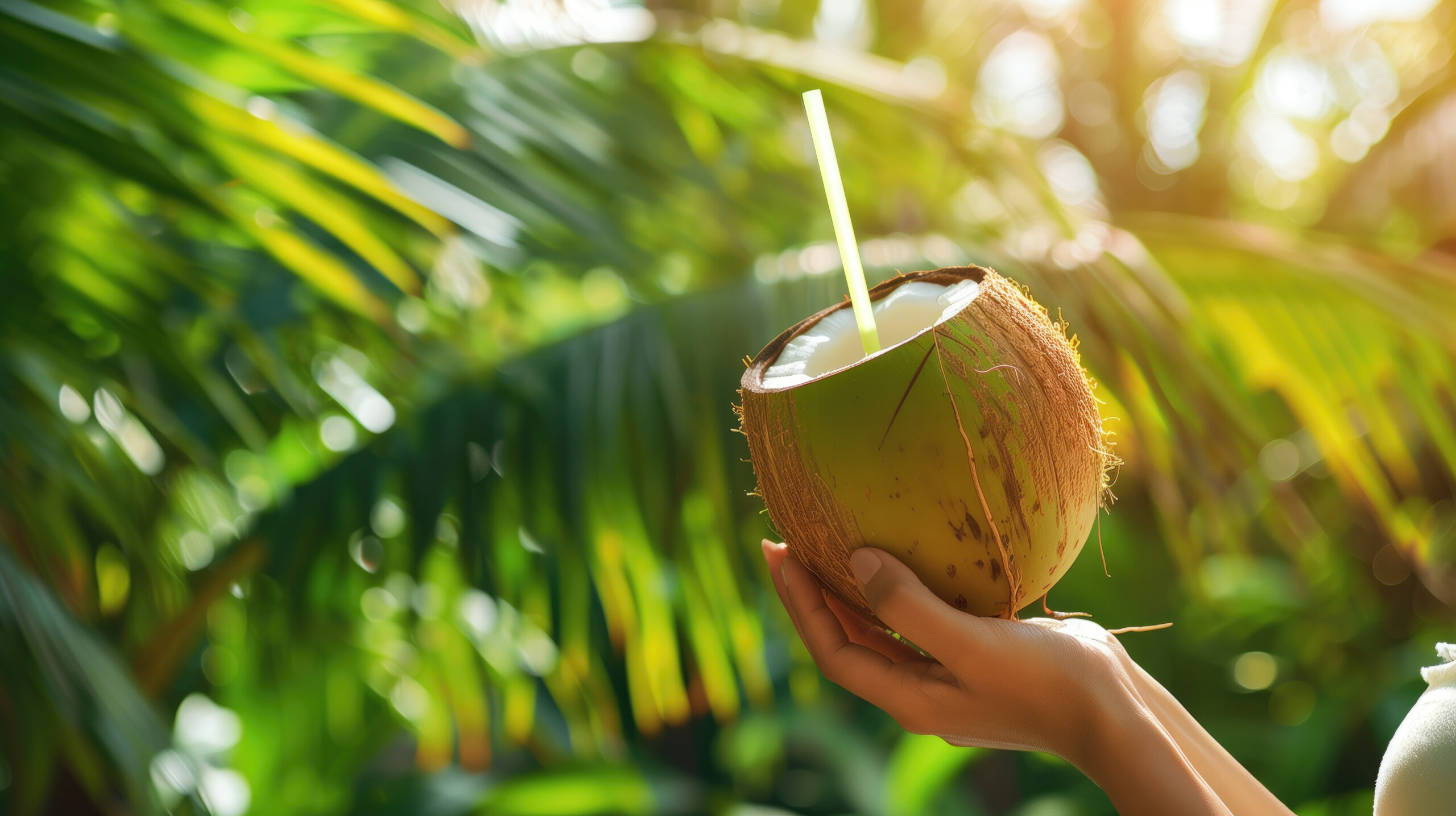 Person holding a fresh coconut with a straw.